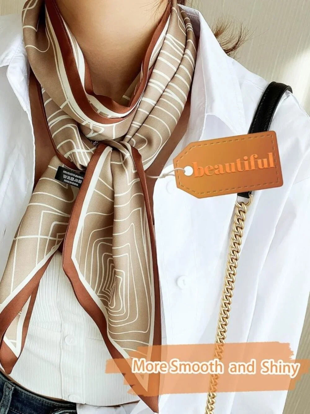 Women's Khaki Thread Border Elegant Oblique Angle Scarves Bag Scarfs